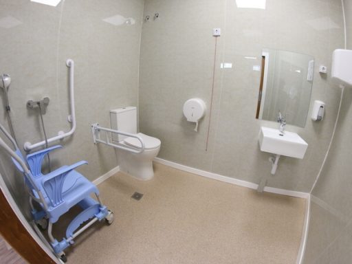 Baño accesible con soporte para inodoro y silla de ruedas.