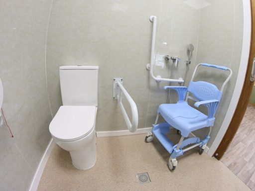 Baño accesible con inodoro y silla de ruedas adaptada para ducha.