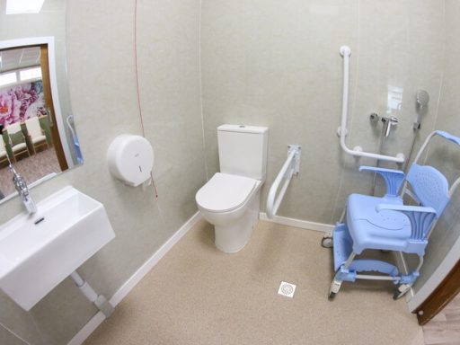 Baño accesible con inodoro, lavabo y ducha, adaptados para personas con discapacidad.